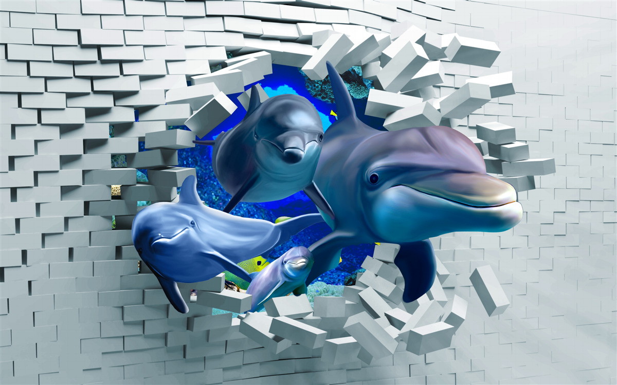 Fototapeta delfiny przebijają się przez ceglaną barierę