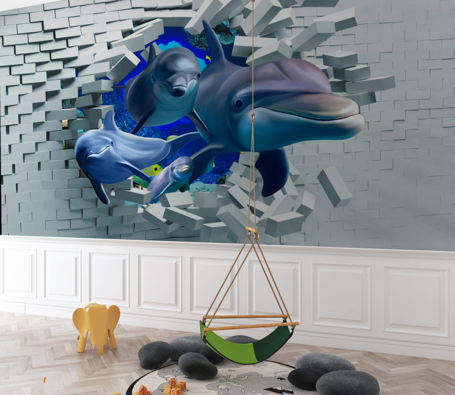 Fototapeta delfiny przebijają się przez ceglaną barierę