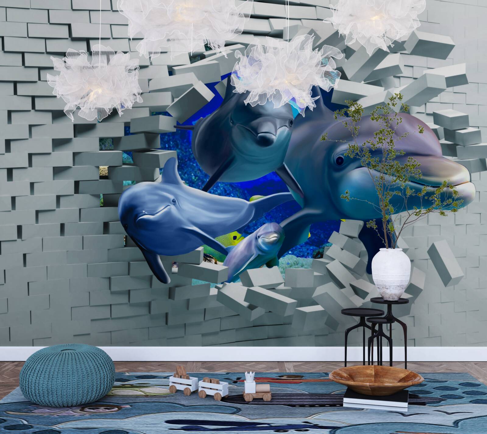 Fototapeta delfiny przebijają się przez ceglaną barierę