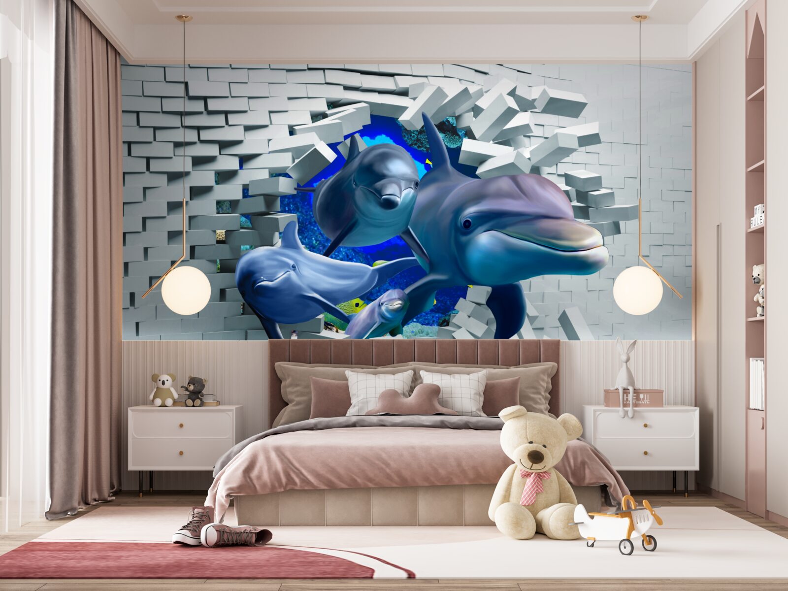 Fototapeta delfiny przebijają się przez ceglaną barierę