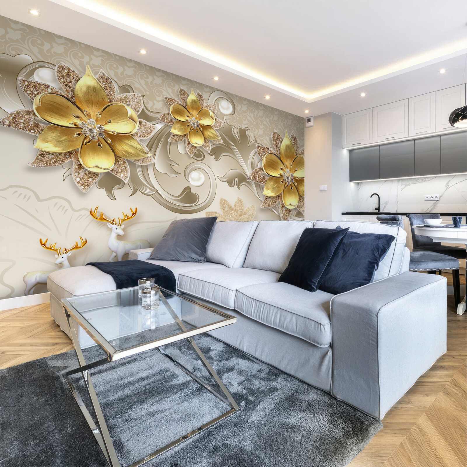 Fototapeta mały śnieżnobiały jeleń i kamienne żółte kwiaty