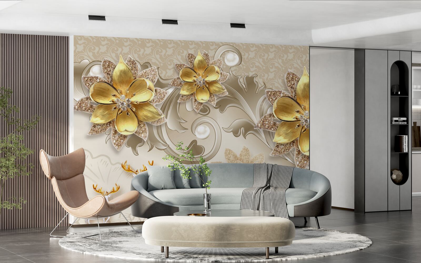 Fototapeta mały śnieżnobiały jeleń i kamienne żółte kwiaty