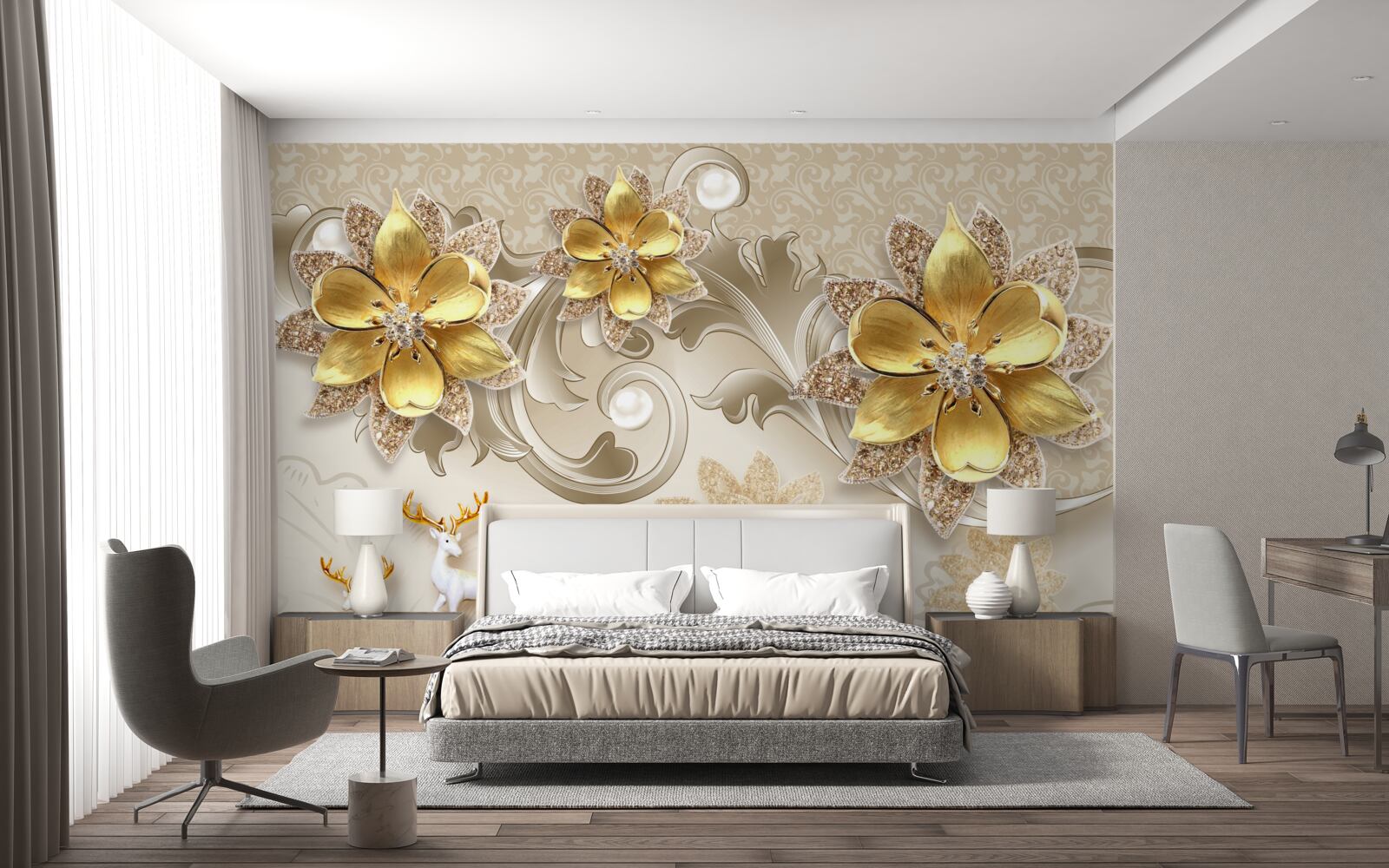 Fototapeta mały śnieżnobiały jeleń i kamienne żółte kwiaty