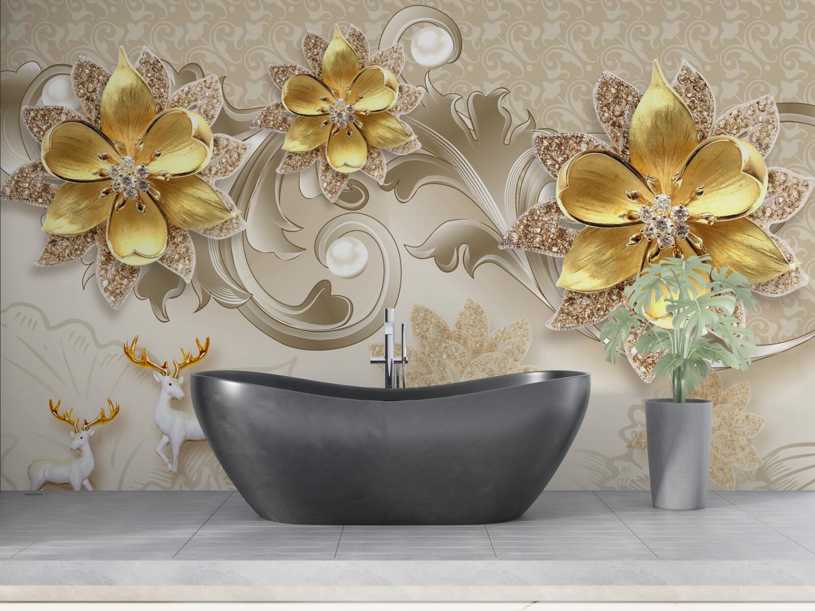 Fototapeta mały śnieżnobiały jeleń i kamienne żółte kwiaty