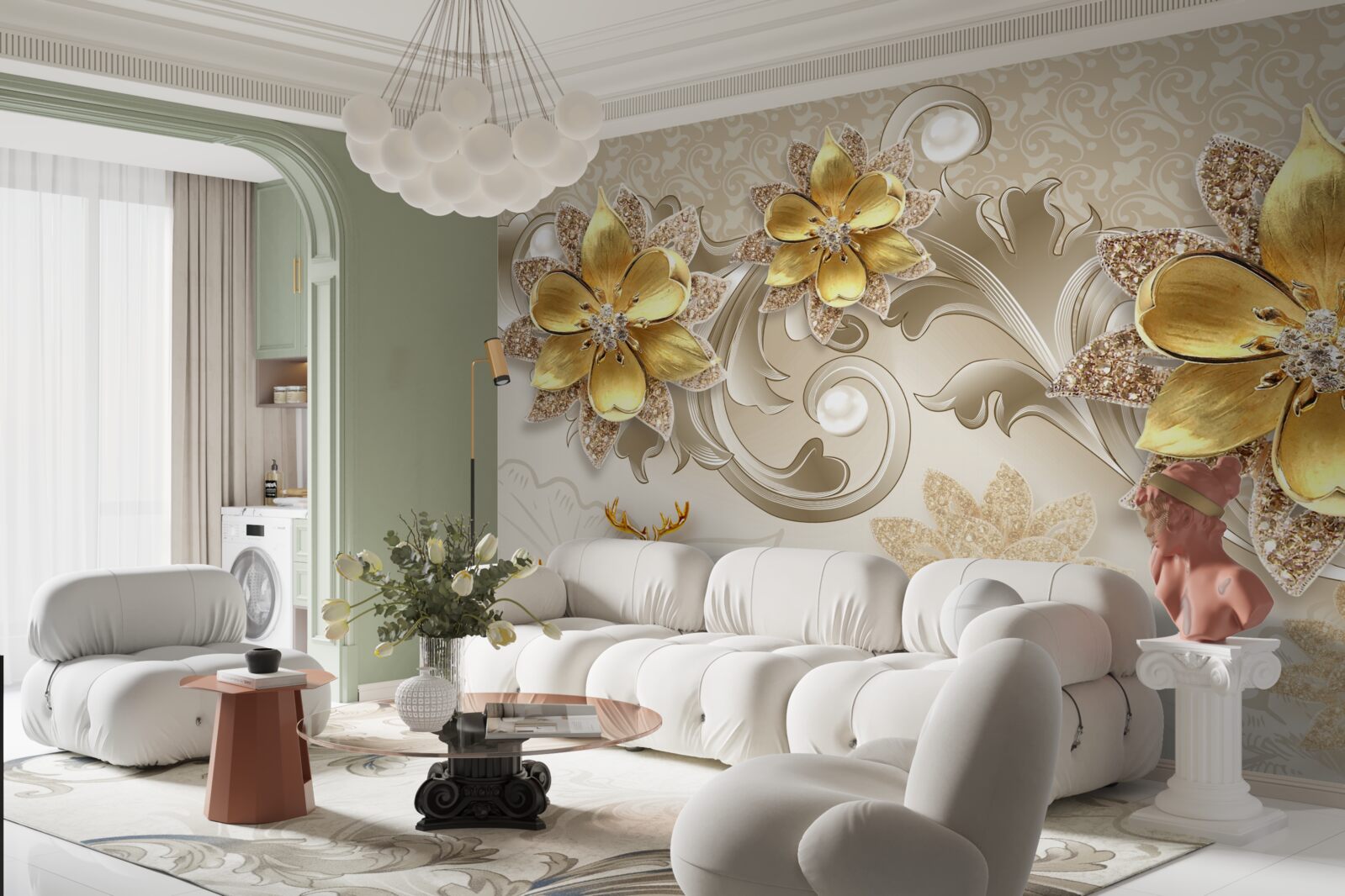 Fototapeta mały śnieżnobiały jeleń i kamienne żółte kwiaty