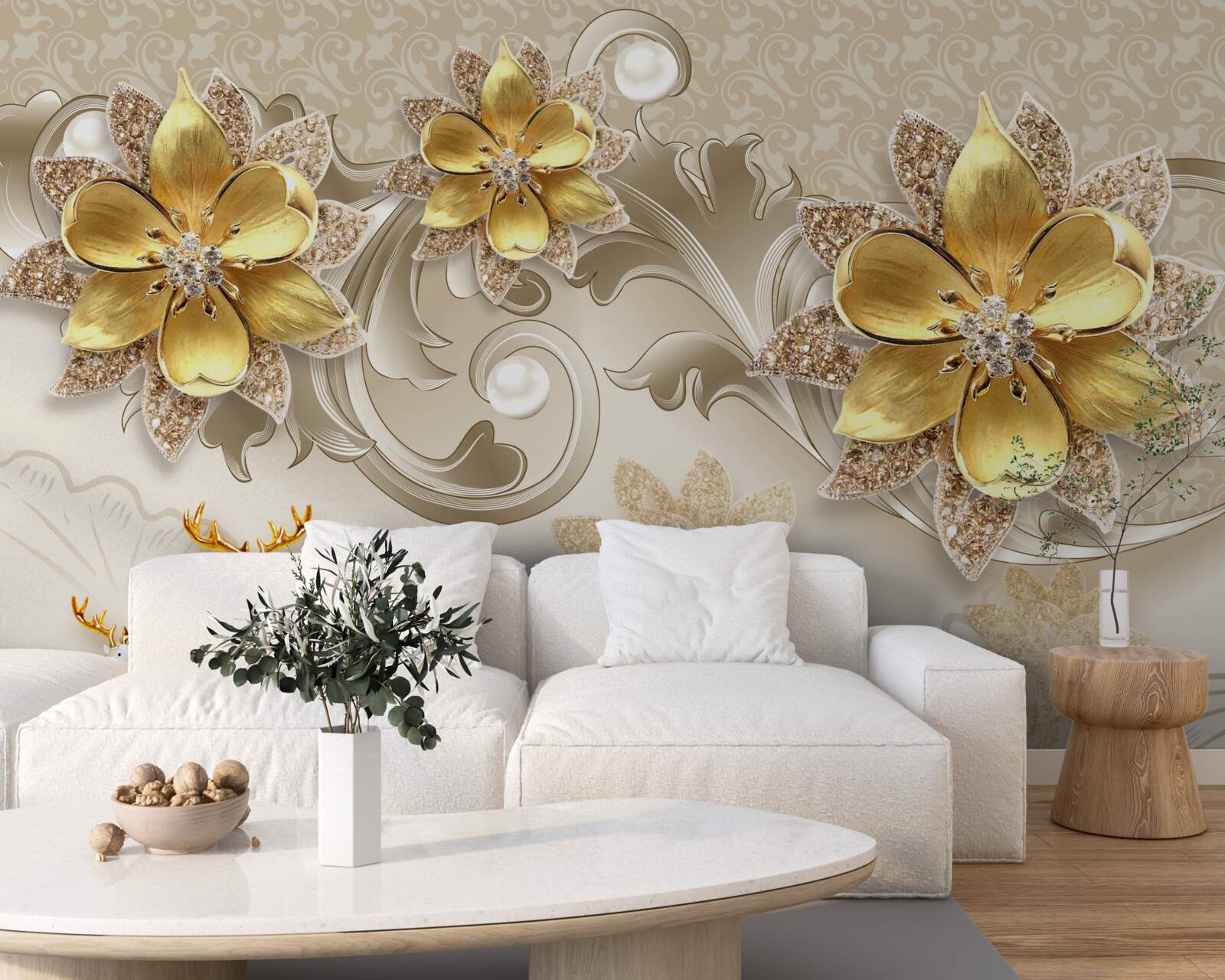 Fototapeta mały śnieżnobiały jeleń i kamienne żółte kwiaty