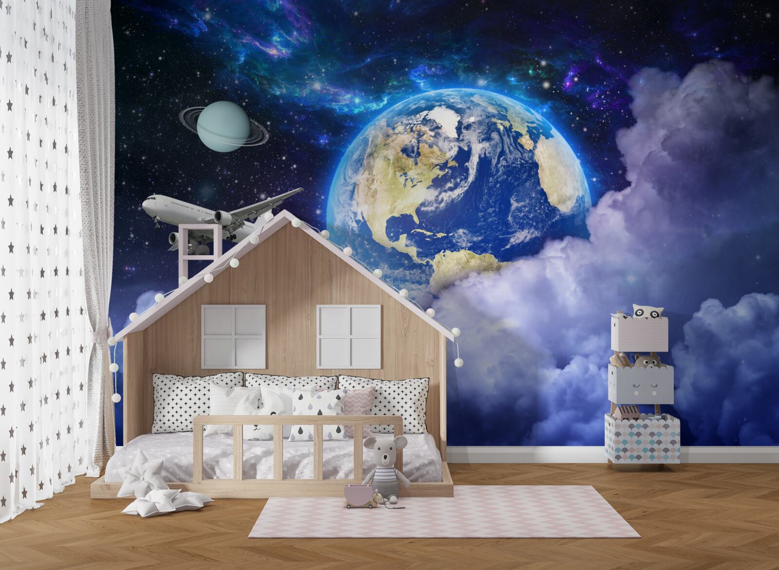 Fototapeta samolot i astronauta w przestrzeni kosmicznej
