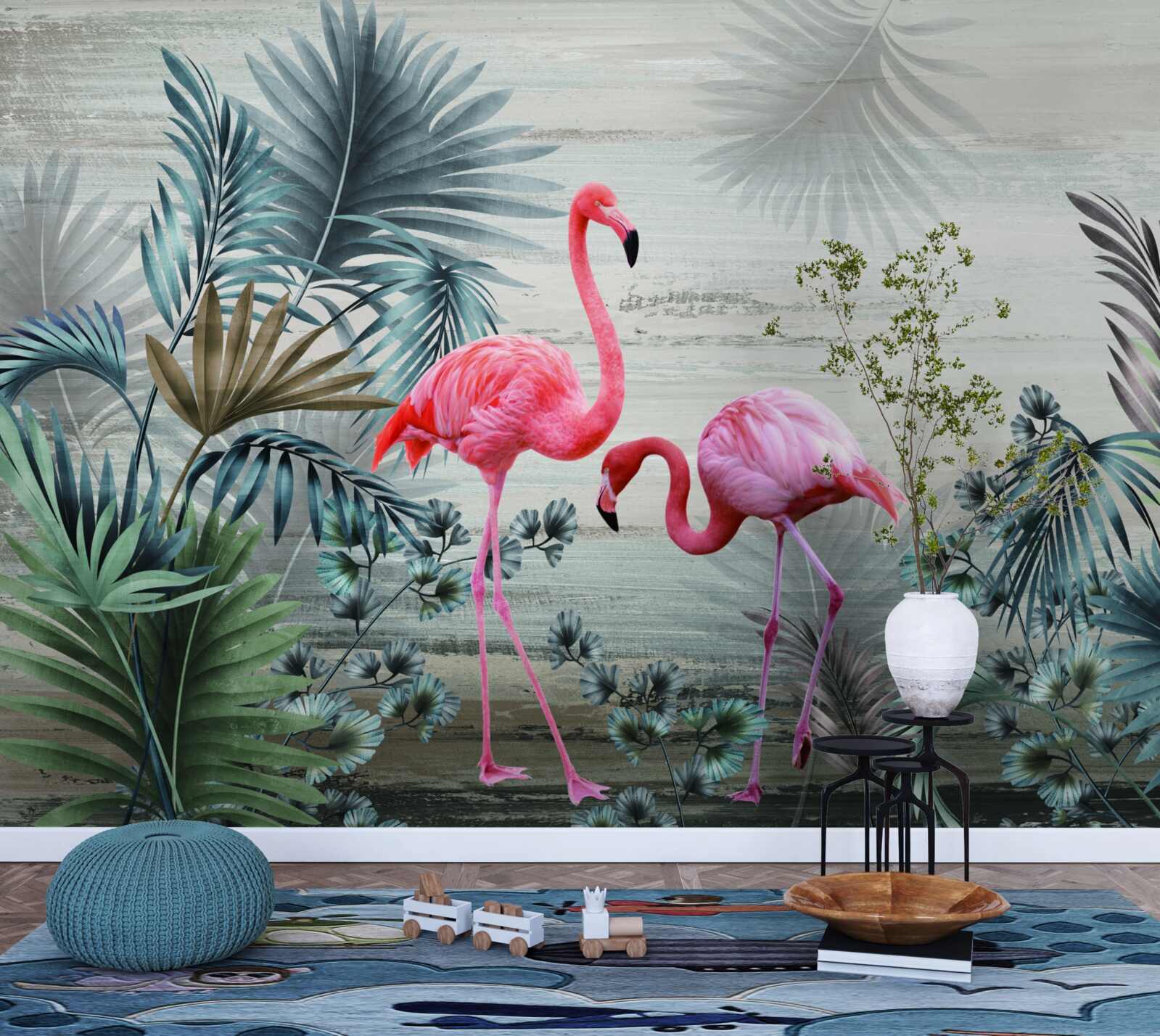 Fototapeta flamingi w różowych odcieniach wśród zielonych liści