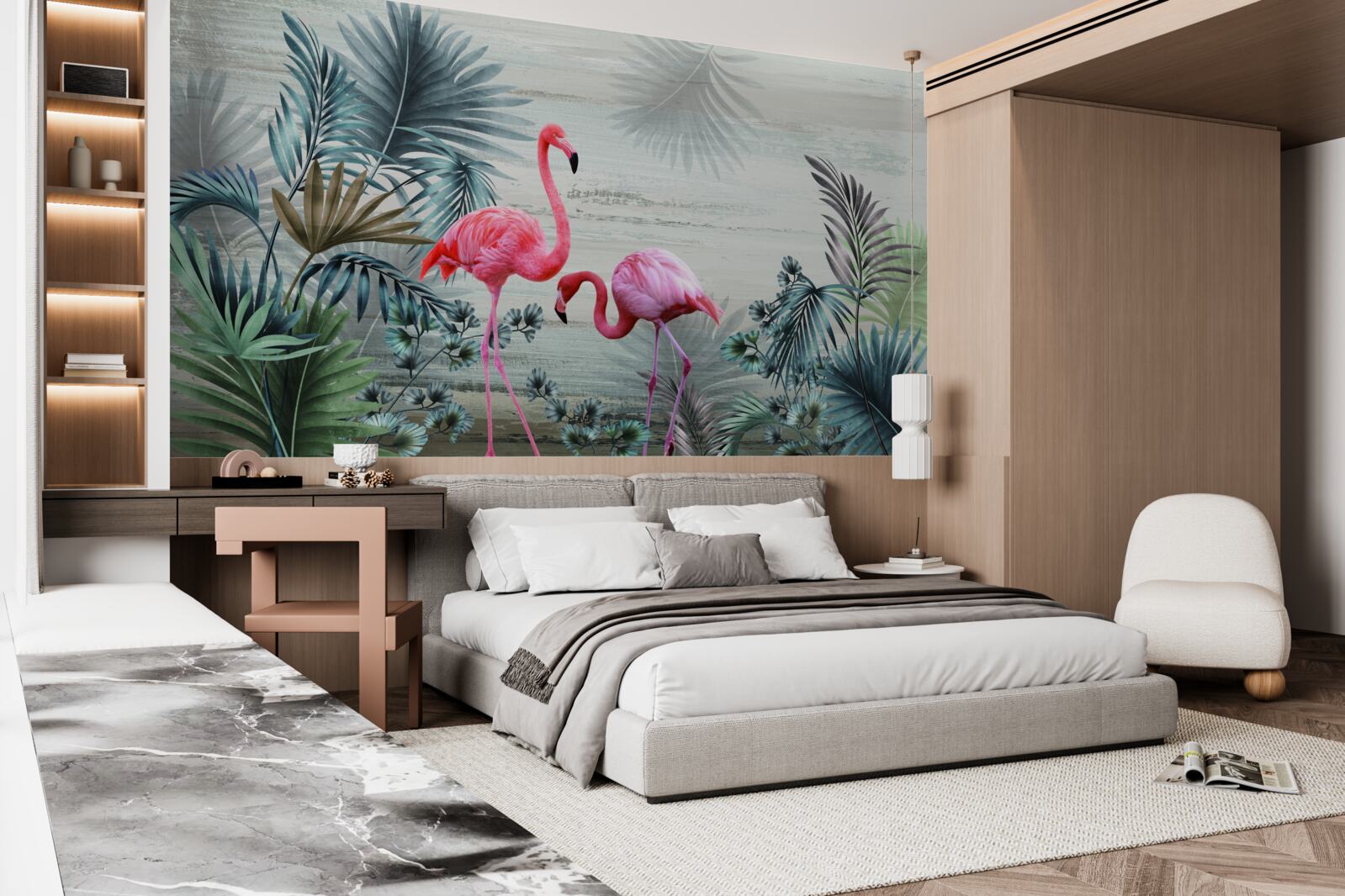 Fototapeta flamingi w różowych odcieniach wśród zielonych liści