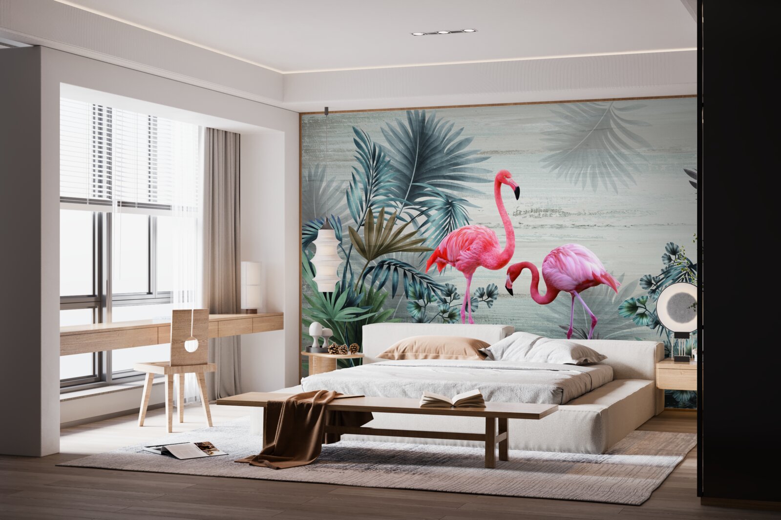 Fototapeta flamingi w różowych odcieniach wśród zielonych liści