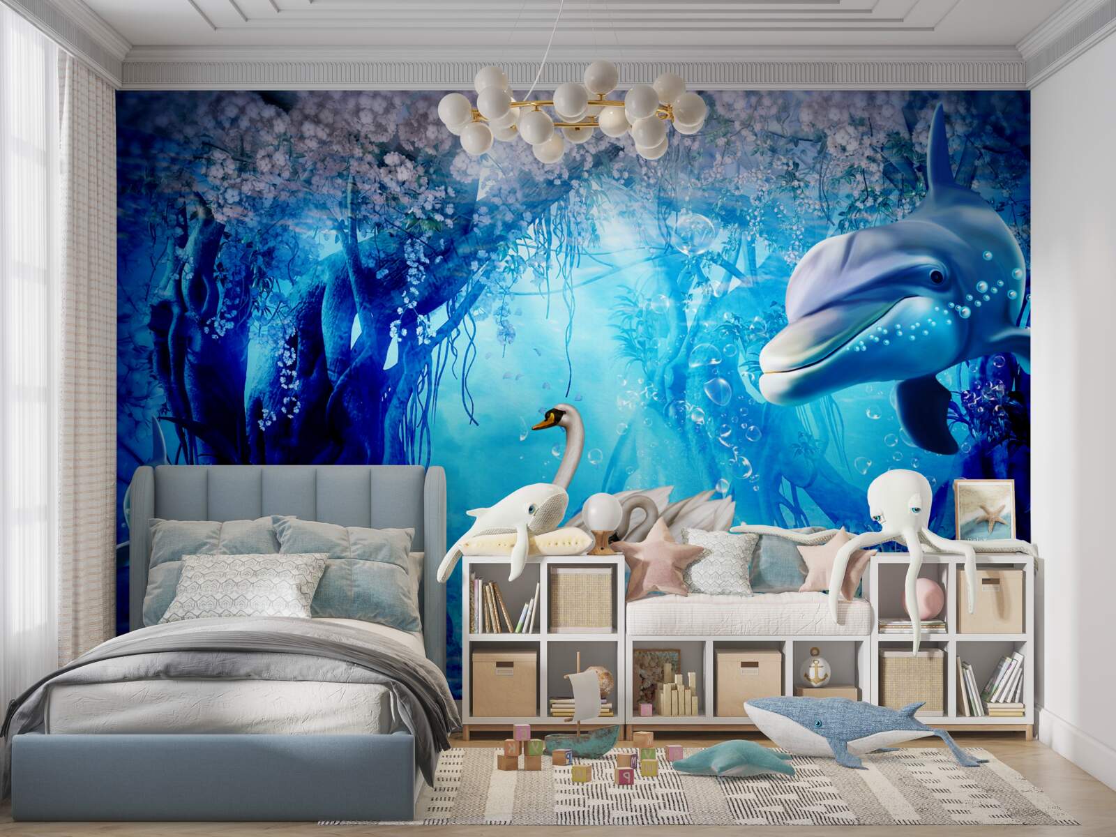 Fototapeta Łabędzie i delfiny pod wodą