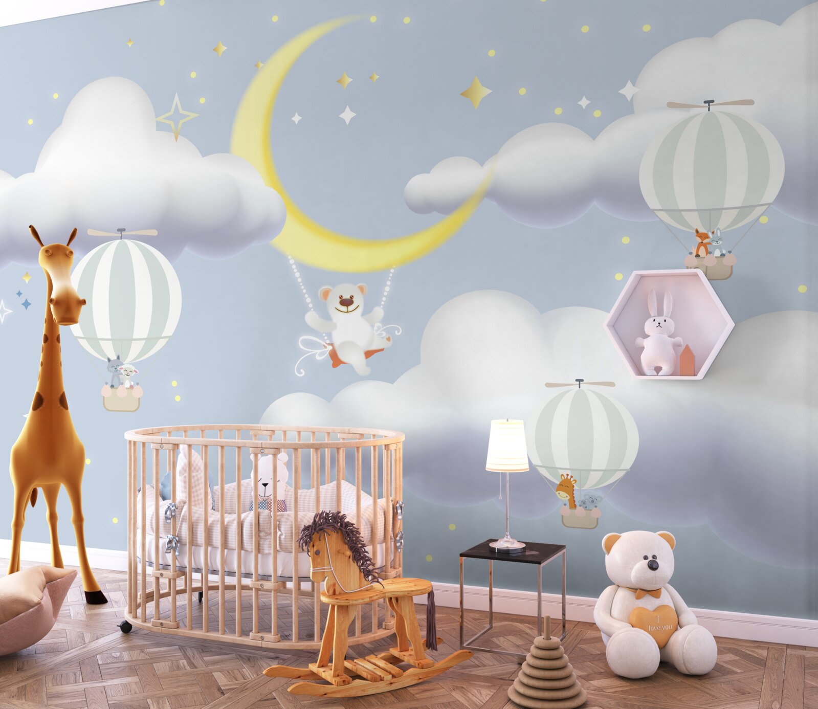 Fototapeta niedźwiedź jest na księżycu, a zwierzęta w balonach wykonanych z powietrza