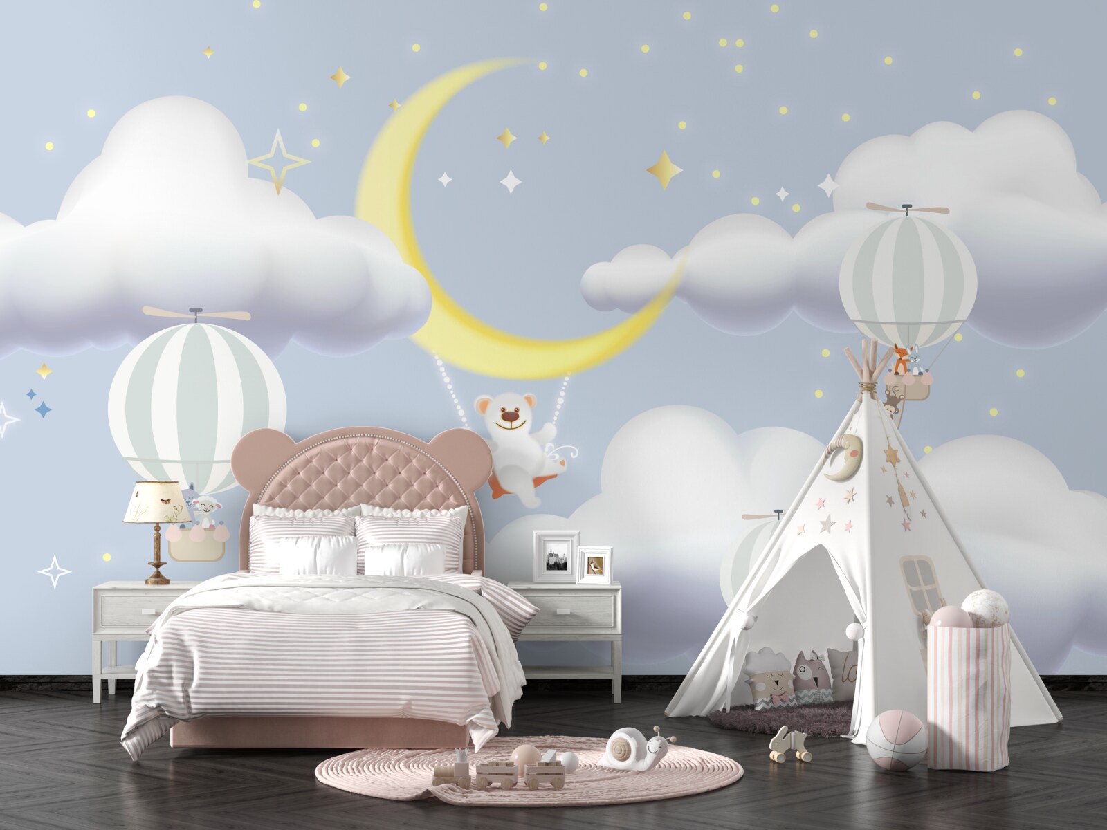 Fototapeta niedźwiedź jest na księżycu, a zwierzęta w balonach wykonanych z powietrza