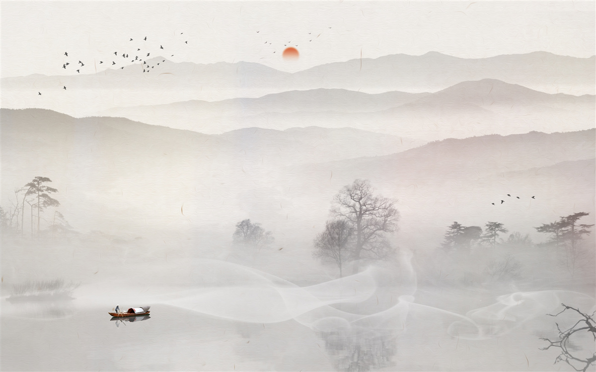 Fototapeta poranny świt i samotny mężczyzna w łodzi