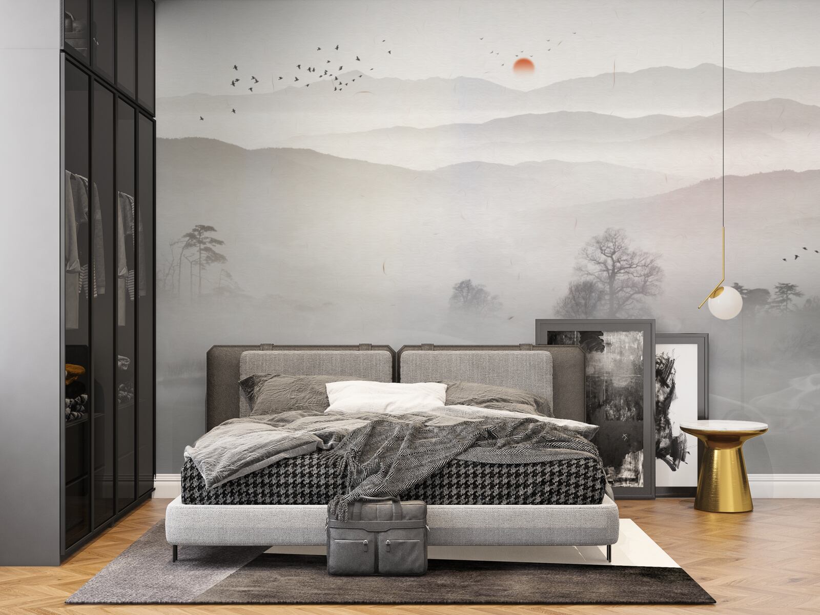 Fototapeta poranny świt i samotny mężczyzna w łodzi