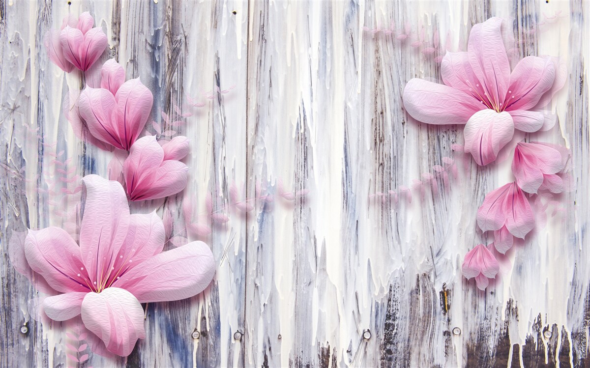Fototapeta różowe kwiaty na ścianie w różnych odcieniach