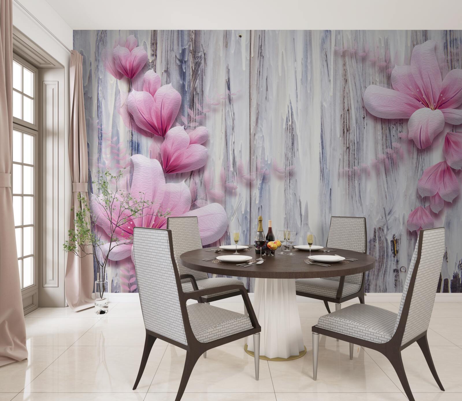 Fototapeta różowe kwiaty na ścianie w różnych odcieniach