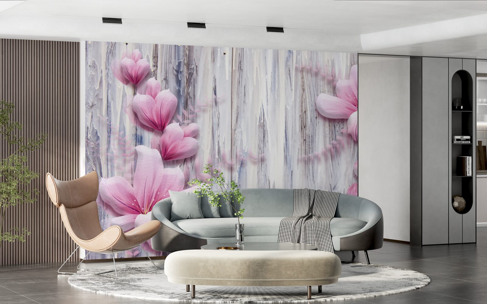 Fototapeta różowe kwiaty na ścianie w różnych odcieniach