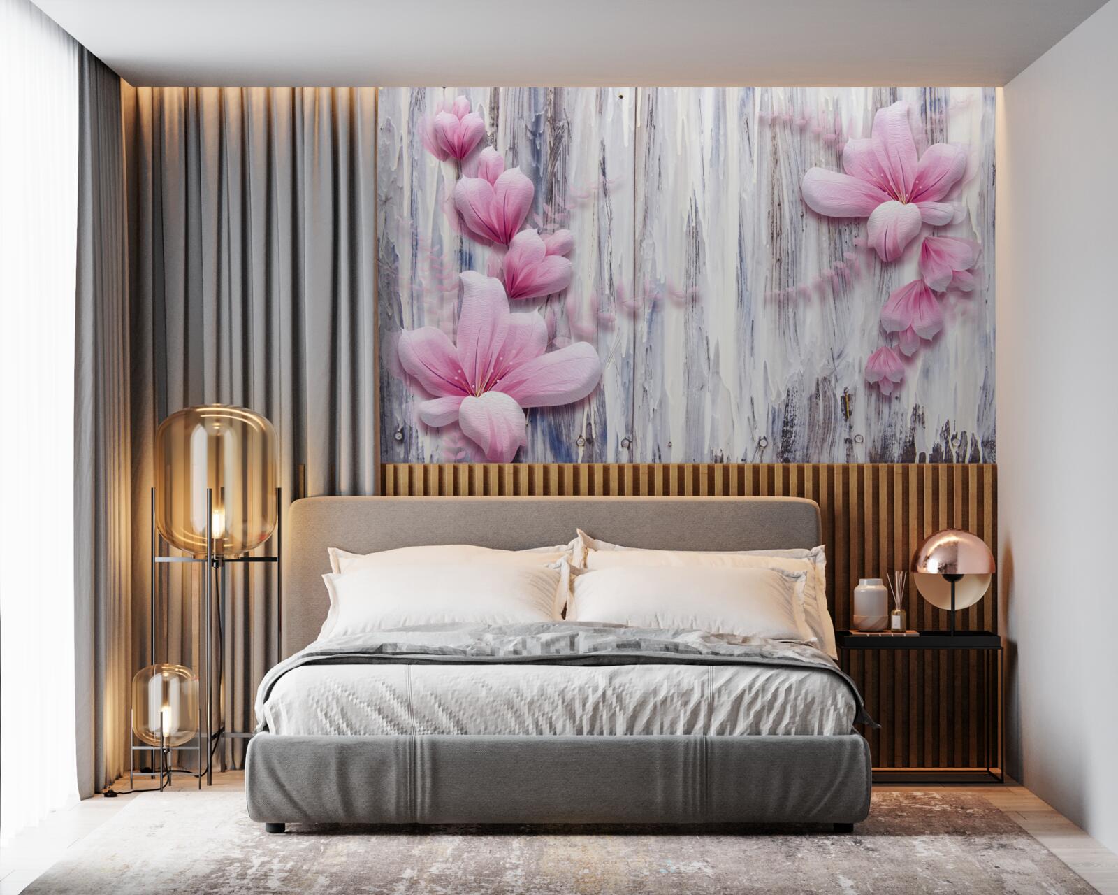 Fototapeta różowe kwiaty na ścianie w różnych odcieniach