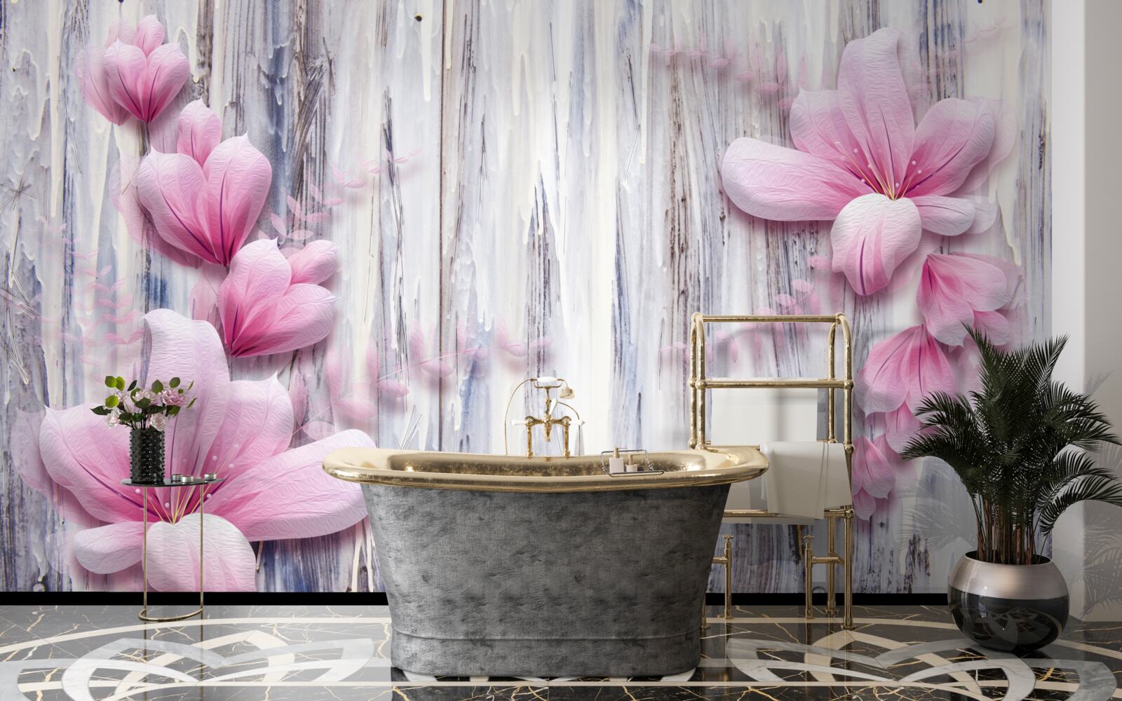 Fototapeta różowe kwiaty na ścianie w różnych odcieniach