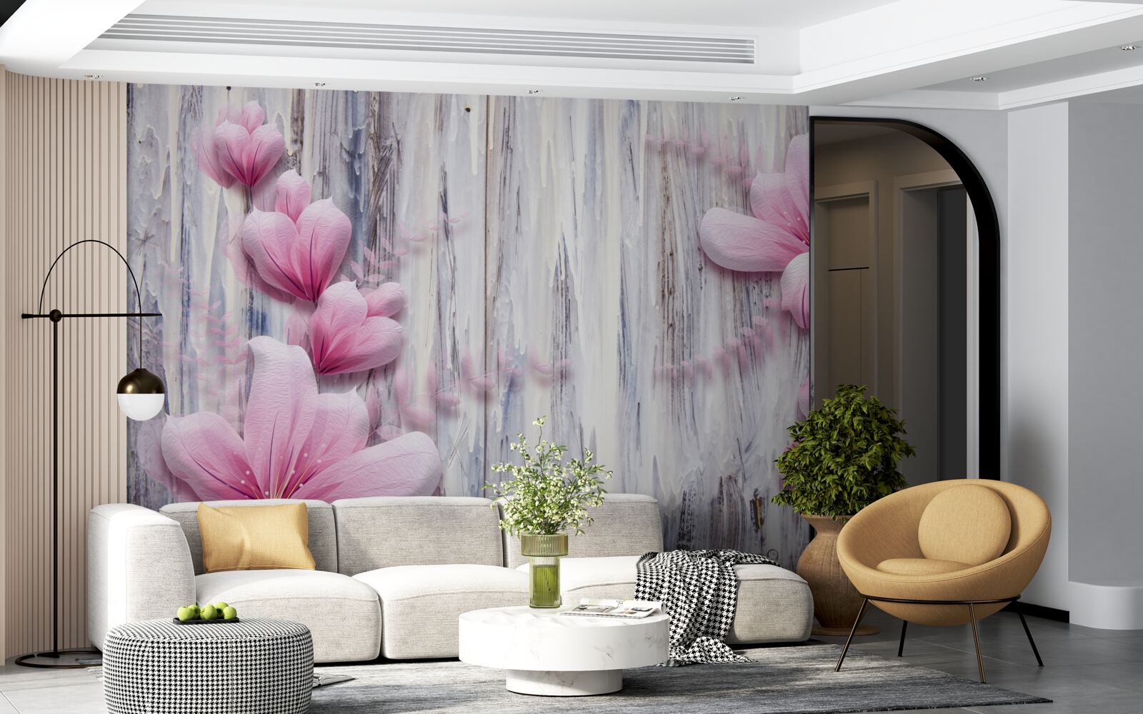 Fototapeta różowe kwiaty na ścianie w różnych odcieniach