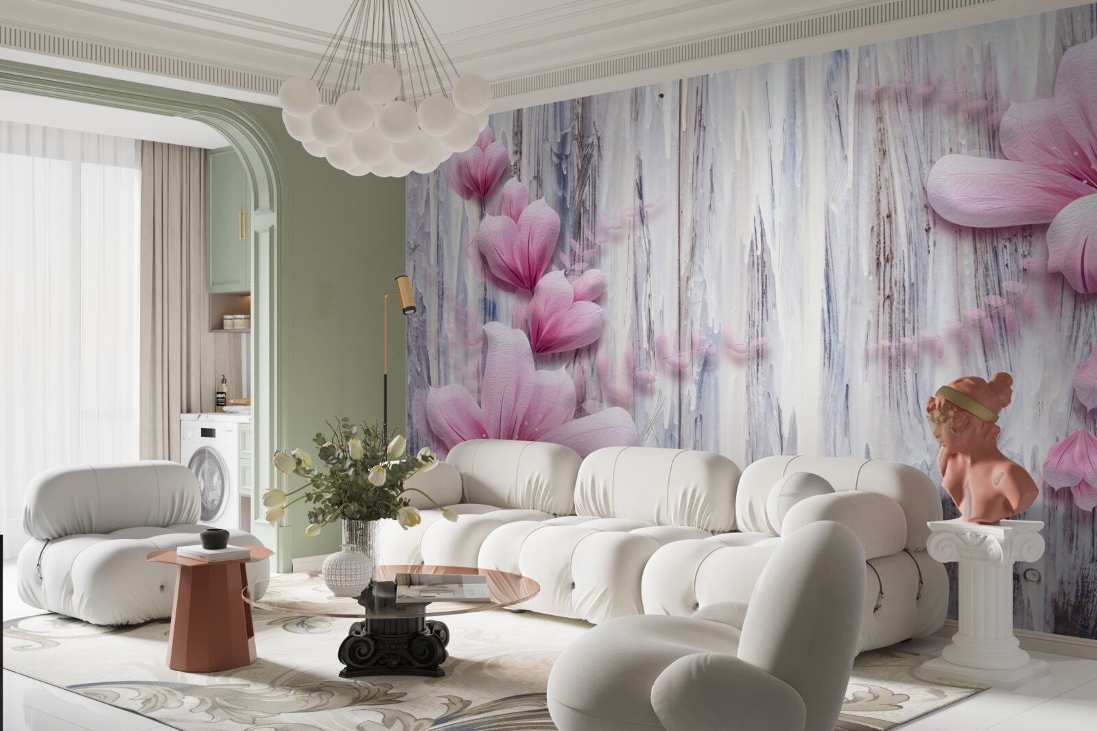 Fototapeta różowe kwiaty na ścianie w różnych odcieniach