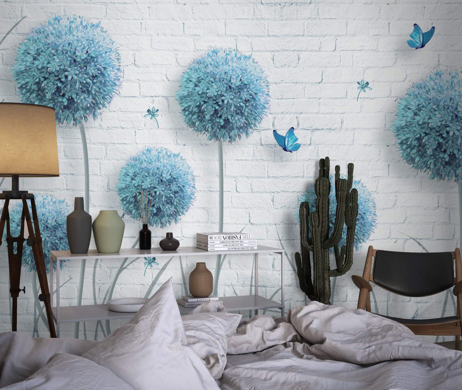 Fototapeta niebieskie okrągłe kwiaty na białym murze