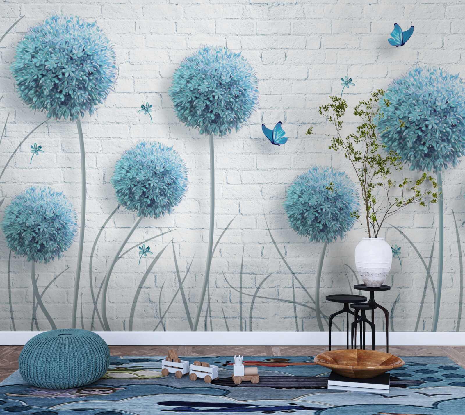 Fototapeta niebieskie okrągłe kwiaty na białym murze