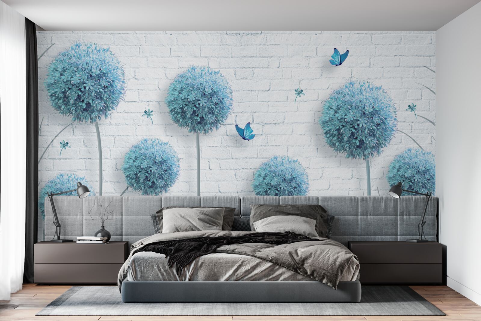 Fototapeta niebieskie okrągłe kwiaty na białym murze