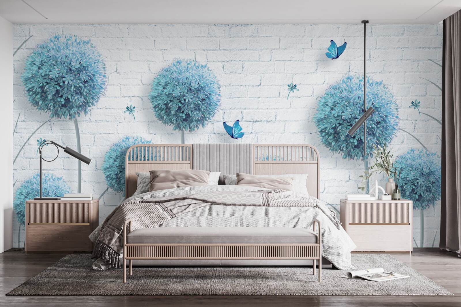 Fototapeta niebieskie okrągłe kwiaty na białym murze