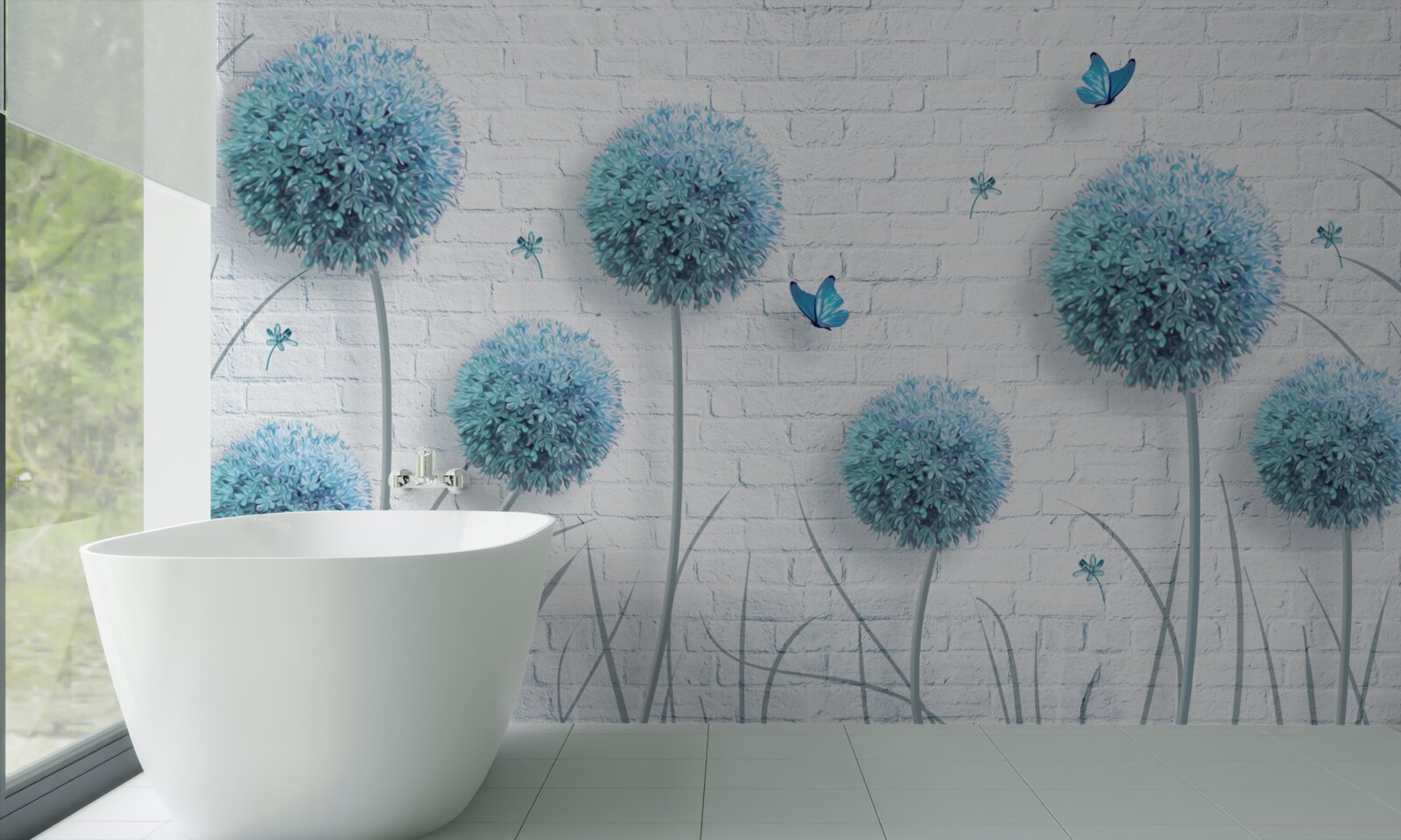 Fototapeta niebieskie okrągłe kwiaty na białym murze