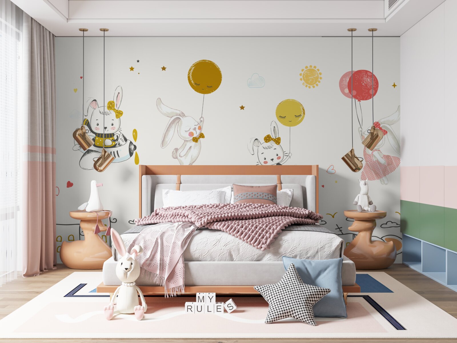 Fototapeta króliczki krążą nad domami