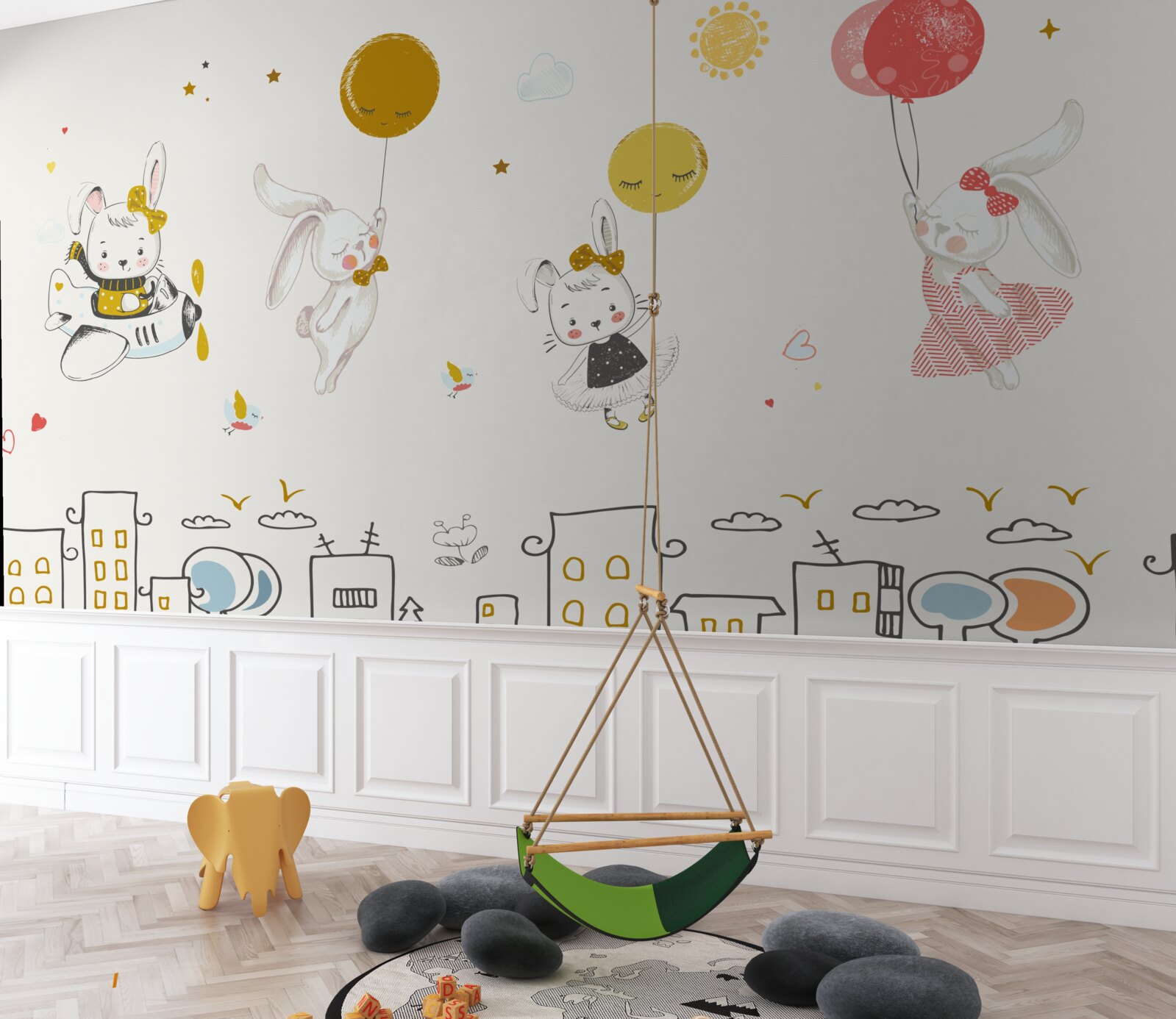 Fototapeta króliczki krążą nad domami