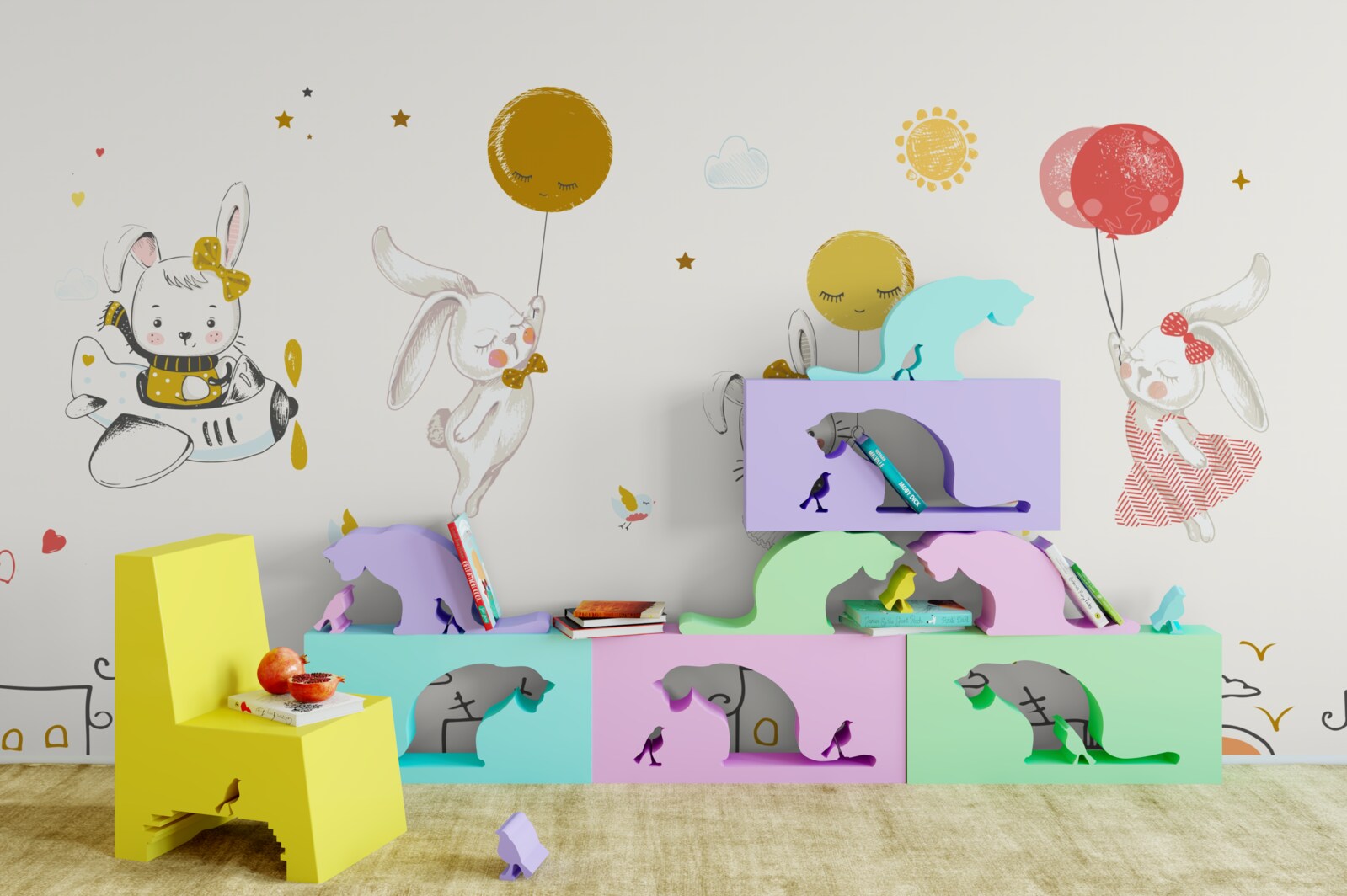 Fototapeta króliczki krążą nad domami