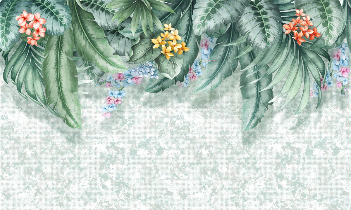 Fototapeta zielone liście ozdobione kwiatami