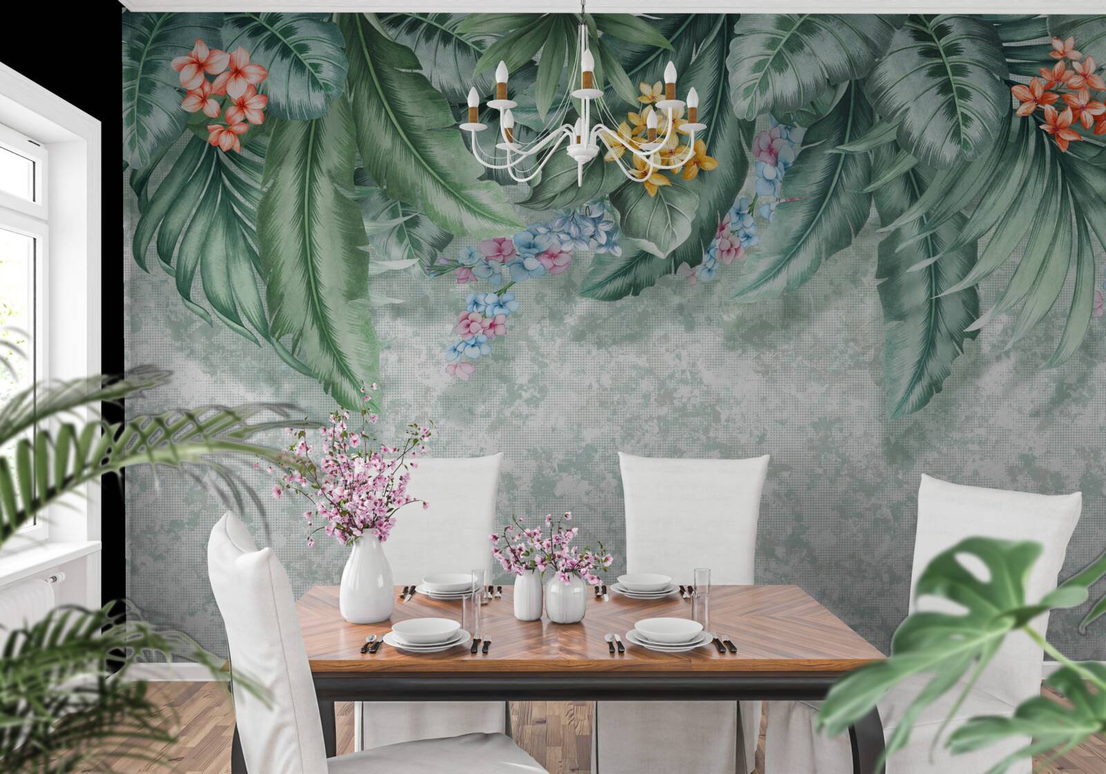 Fototapeta zielone liście ozdobione kwiatami