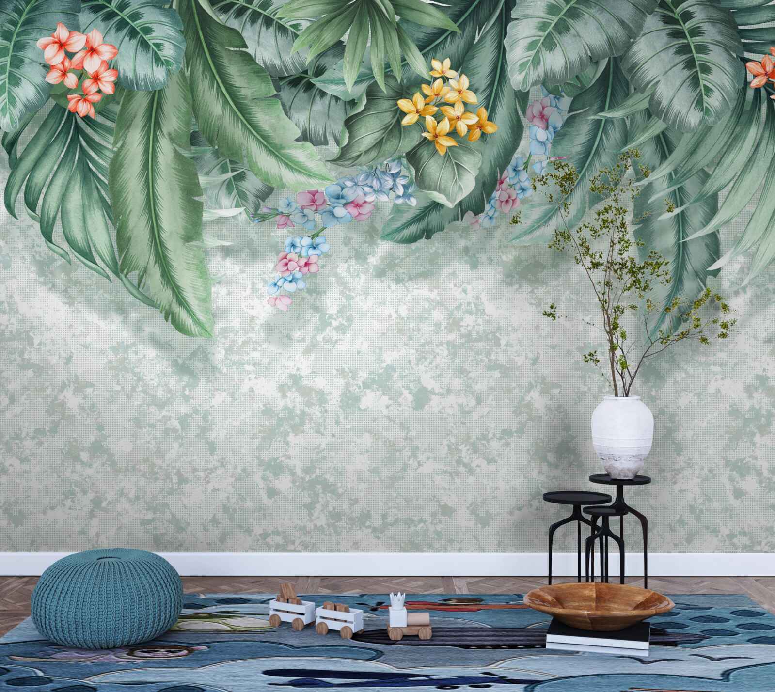 Fototapeta zielone liście ozdobione kwiatami