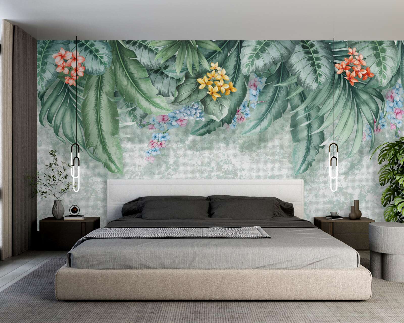 Fototapeta zielone liście ozdobione kwiatami