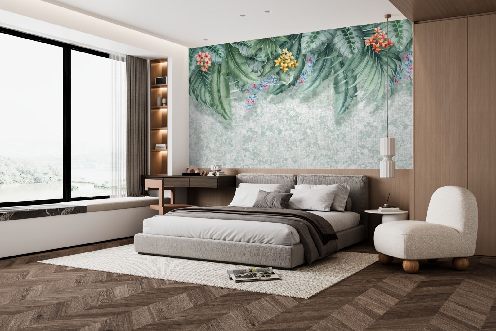 Fototapeta zielone liście ozdobione kwiatami