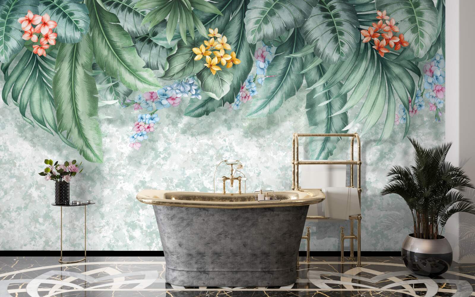 Fototapeta zielone liście ozdobione kwiatami