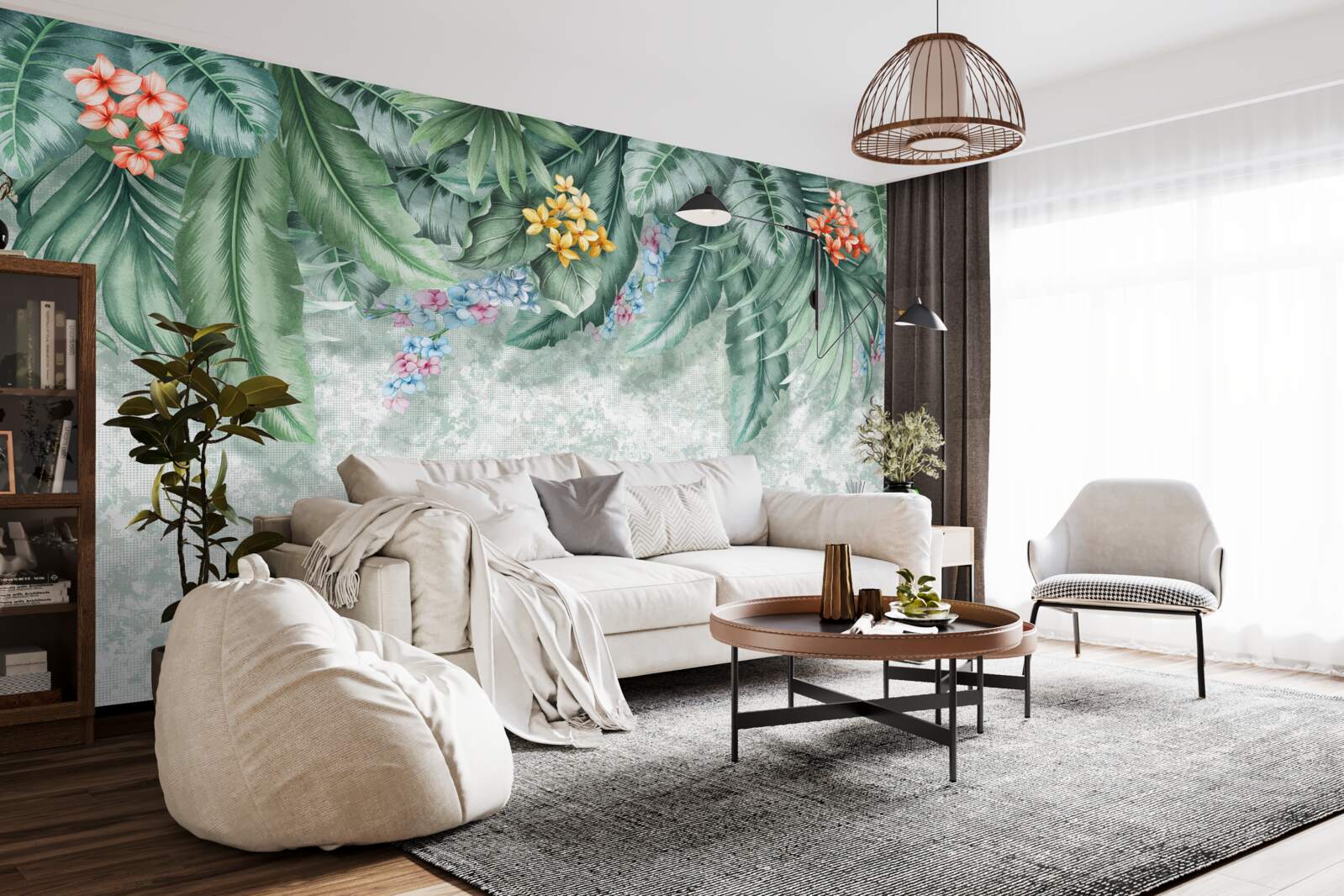 Fototapeta zielone liście ozdobione kwiatami