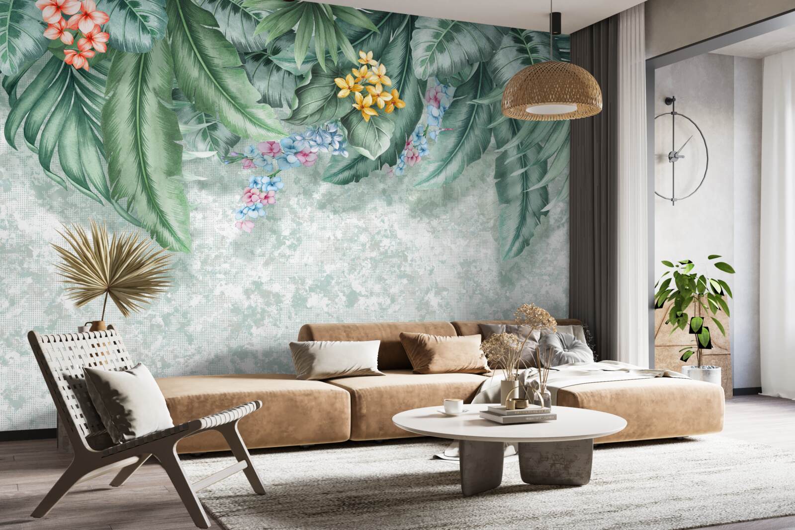 Fototapeta zielone liście ozdobione kwiatami