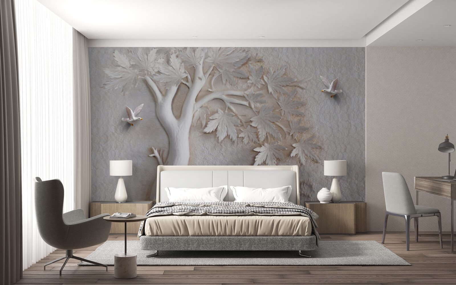 Fototapeta trójwymiarowe drzewo i ptaki