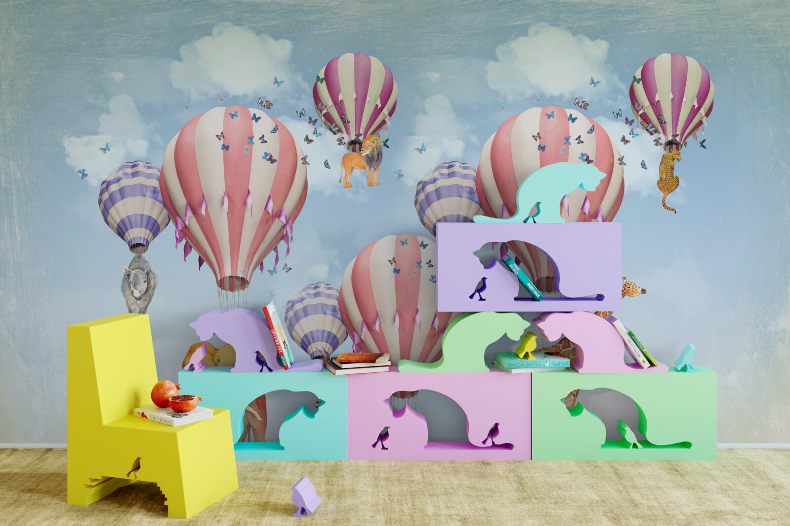 Fototapeta do balonów przyczepione są zwierzęta