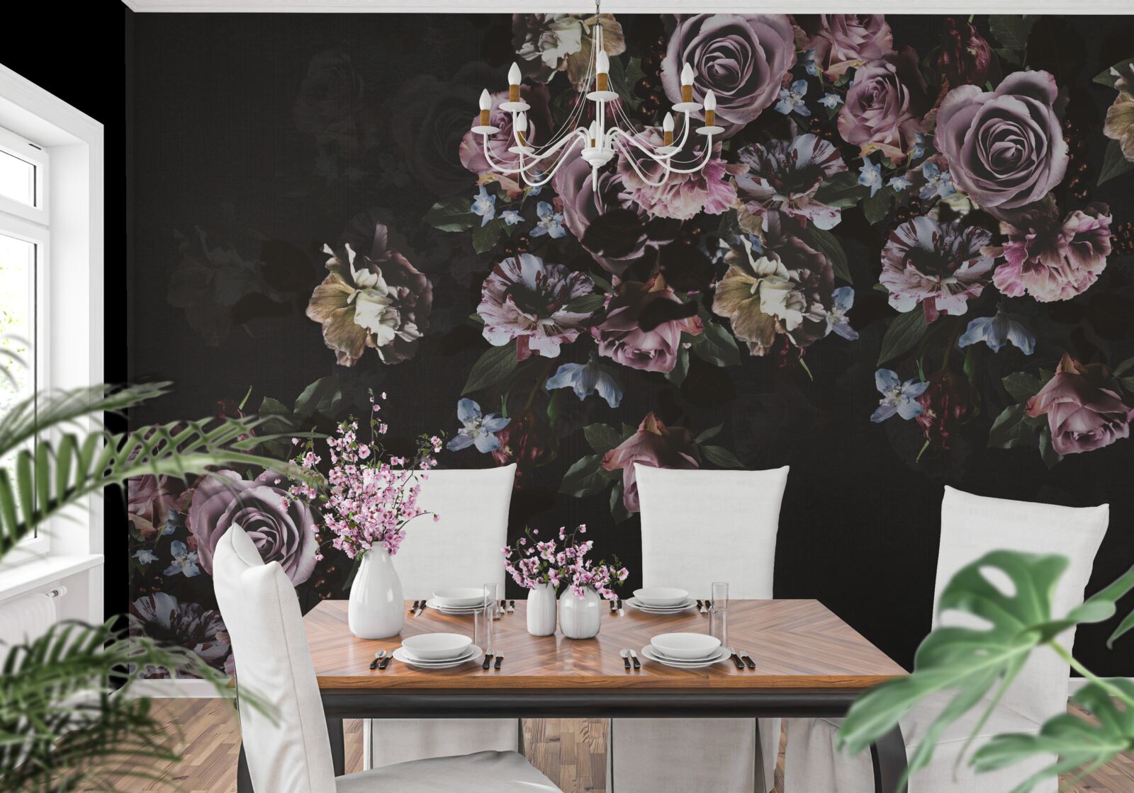 Fototapeta różowe kwiaty na czarnym tle