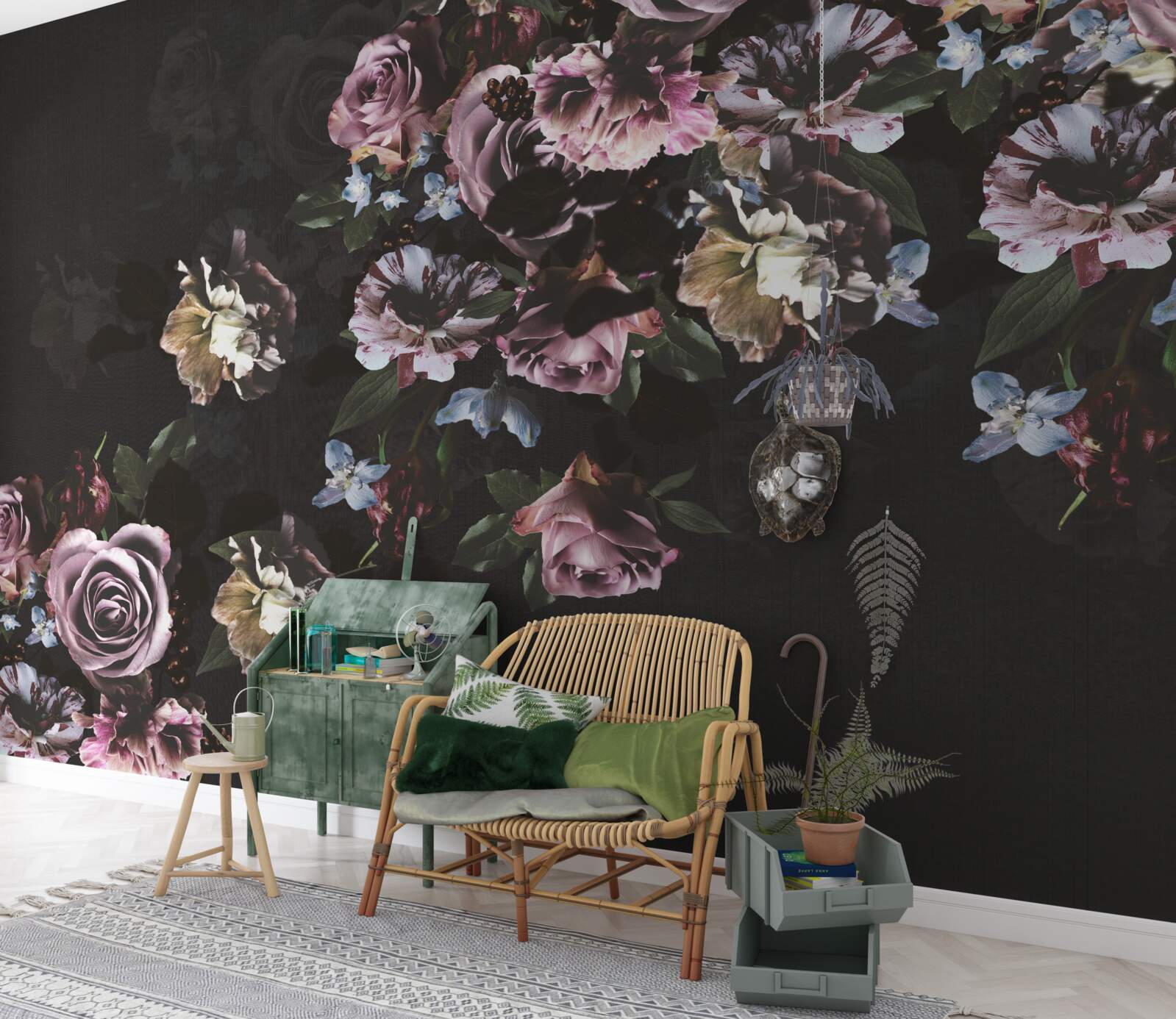 Fototapeta różowe kwiaty na czarnym tle