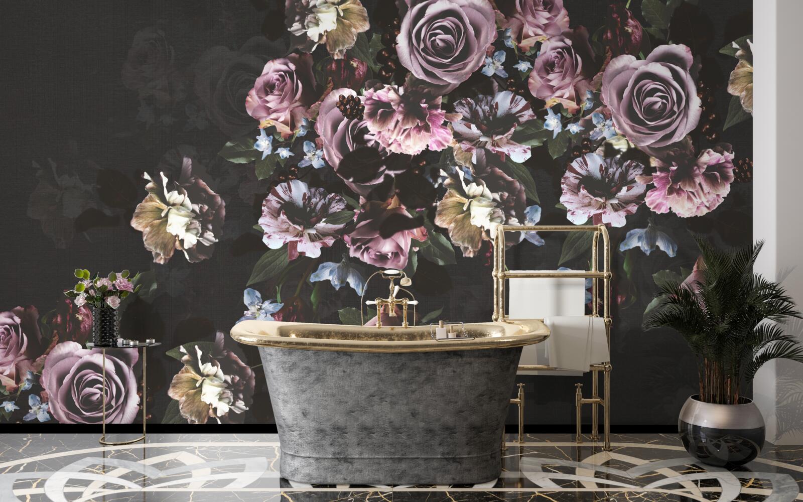 Fototapeta różowe kwiaty na czarnym tle