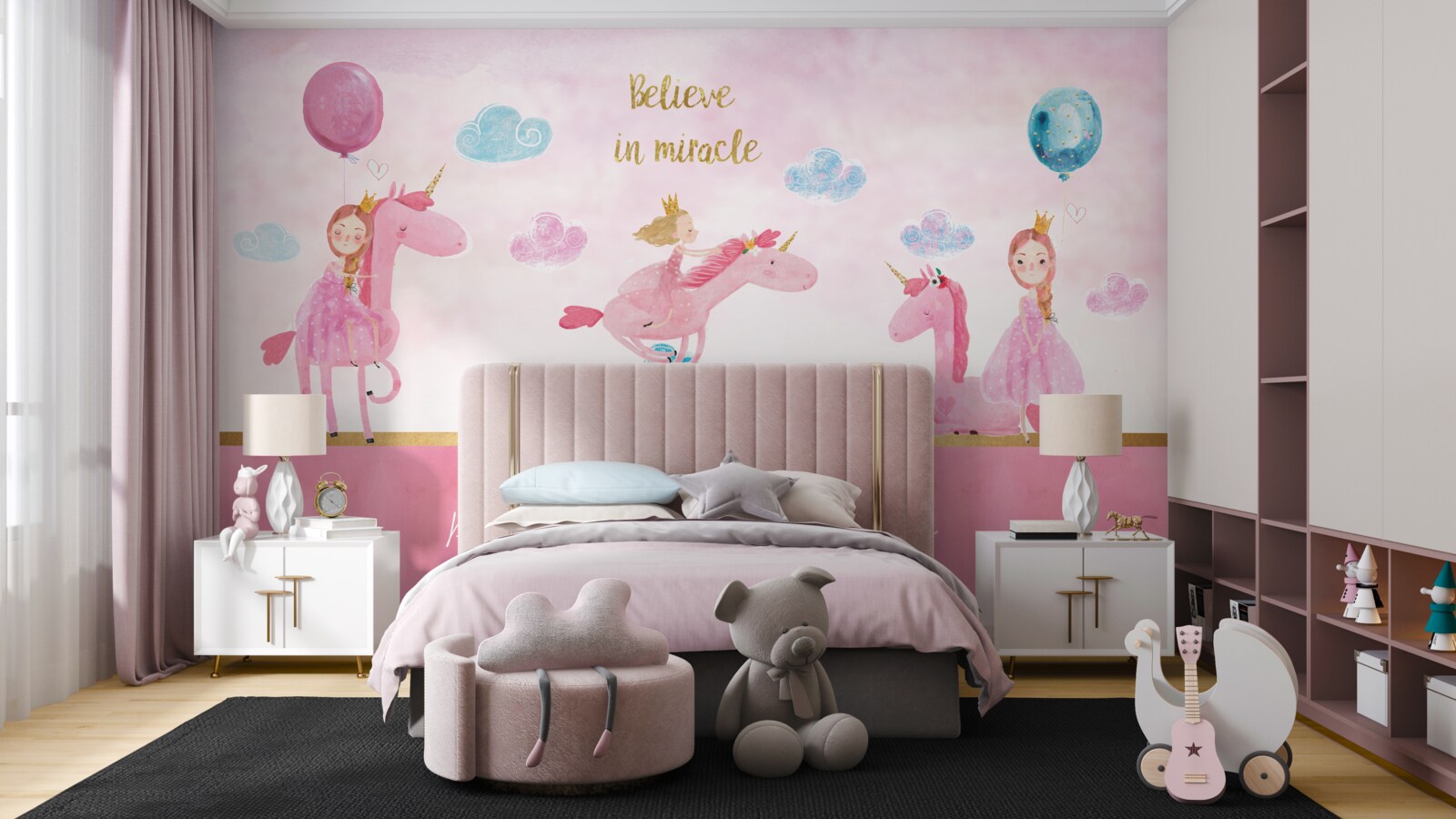 Fototapeta księżniczki na różowych jednorożcach
