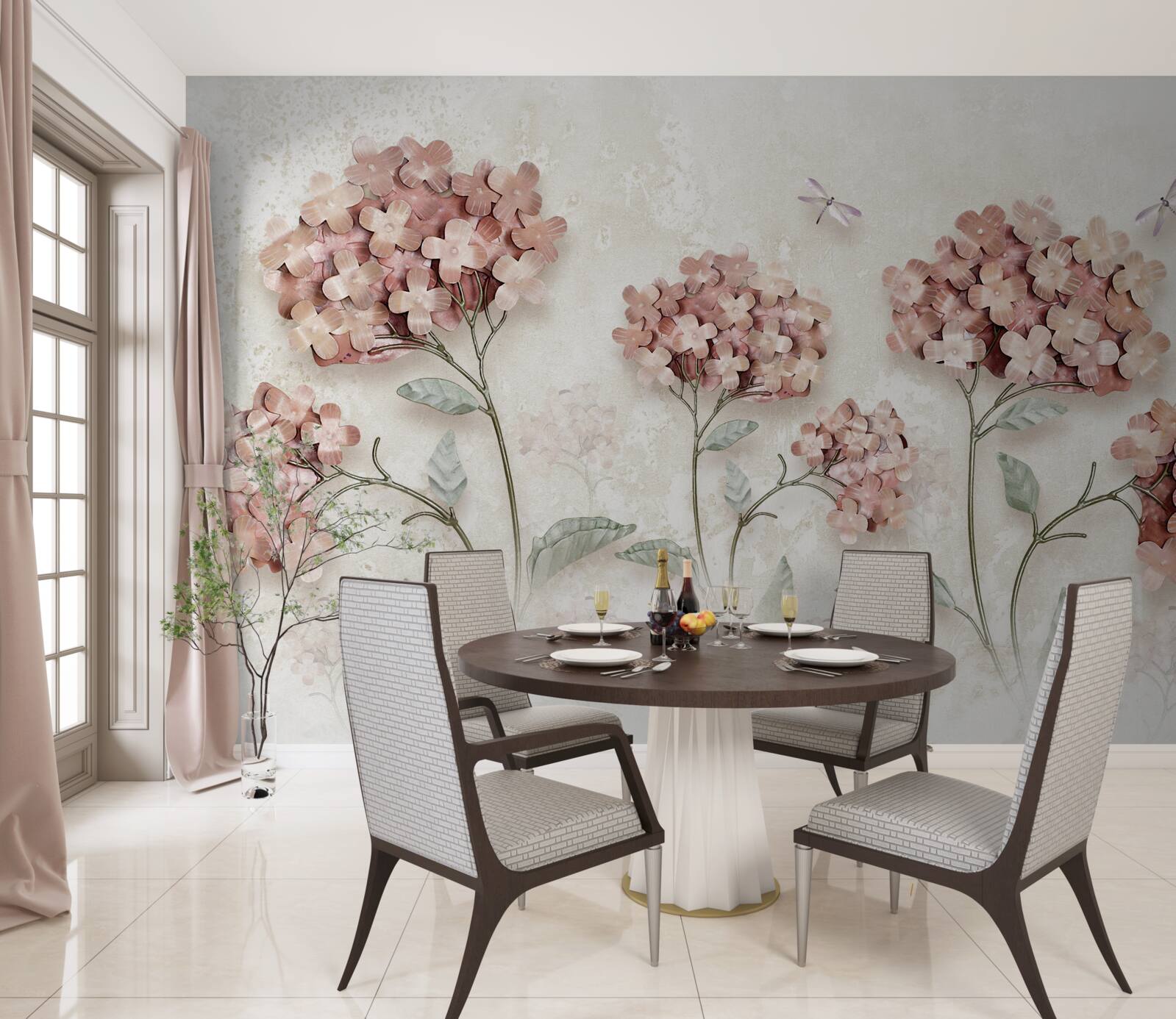 Fototapeta ważki fruwają w pobliżu różowych kwiatów