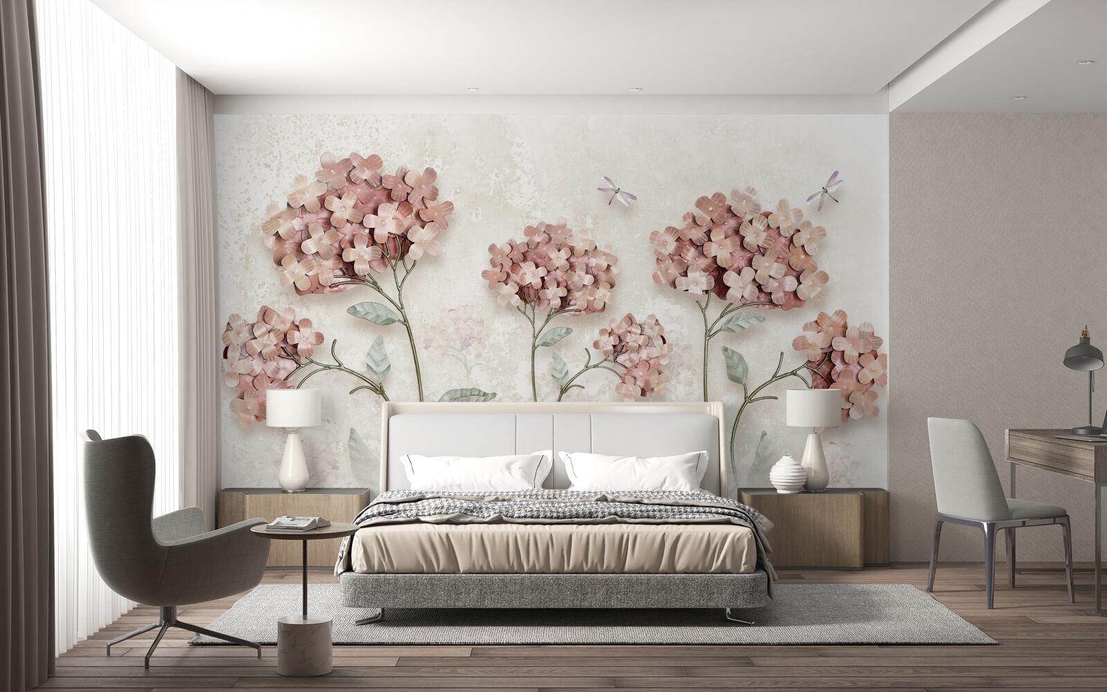 Fototapeta ważki fruwają w pobliżu różowych kwiatów